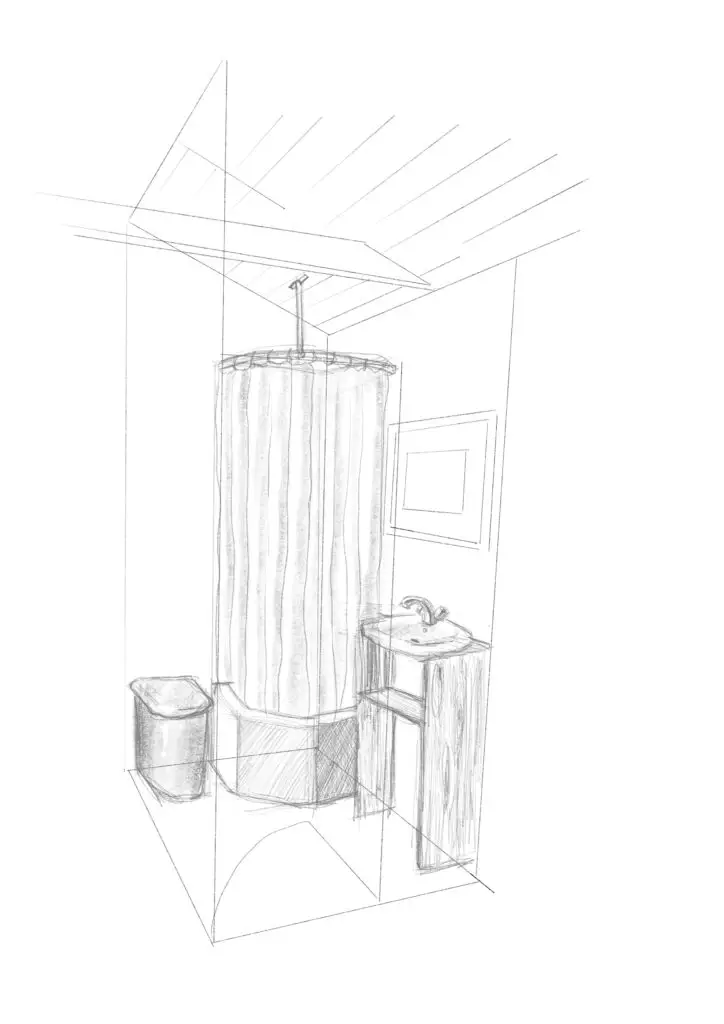 Pictured is a design sketch of the tiny house bathroom