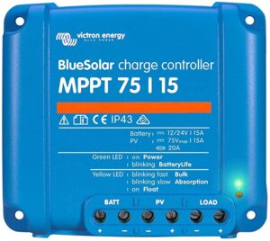 Pictured is a Victron MPPT 75/15 solar charge controller