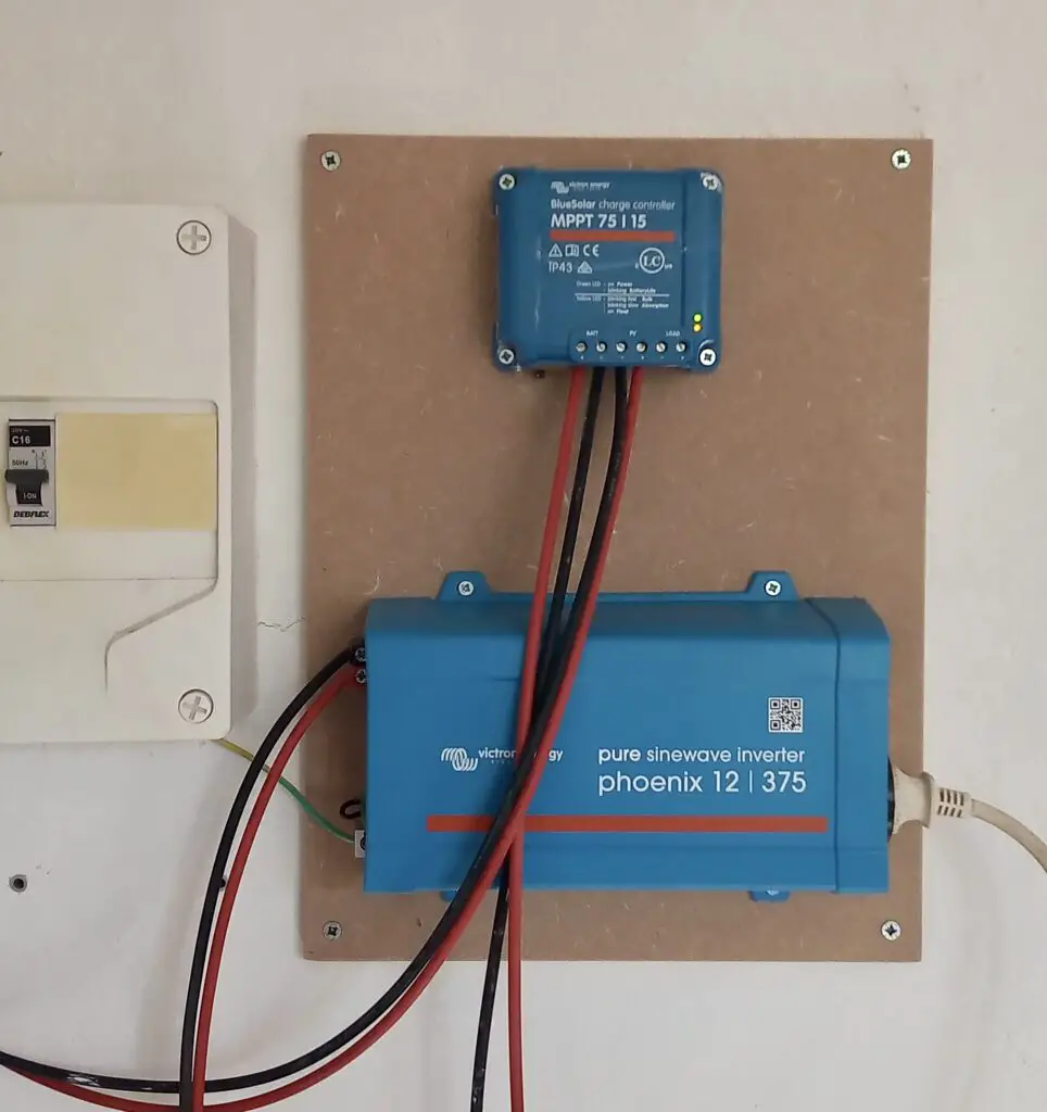 Pictured is a Victron charge controller and inverter