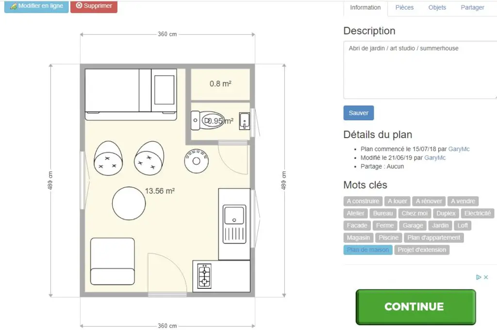 Pictured is the tiny house floor plan using Archifacile.fr