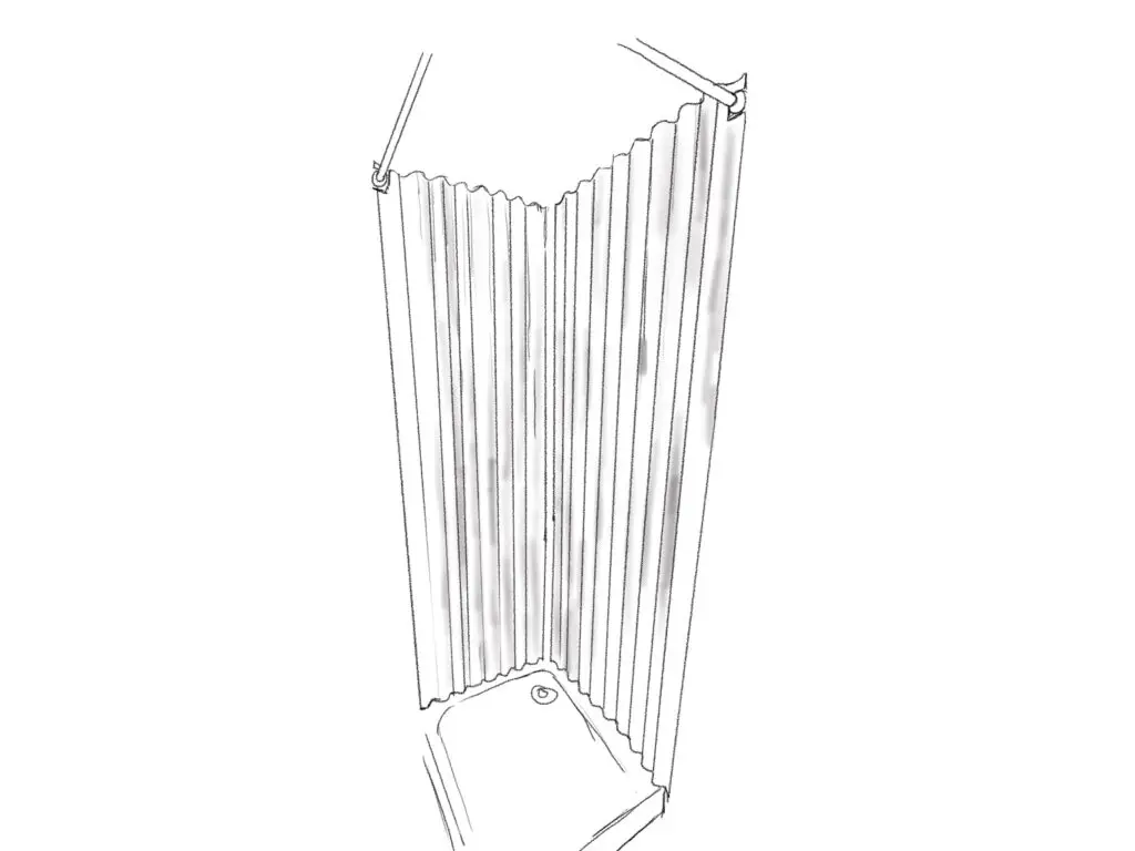 Pictured is a drawing of the first two corrugated shower sheets after being placed in position.