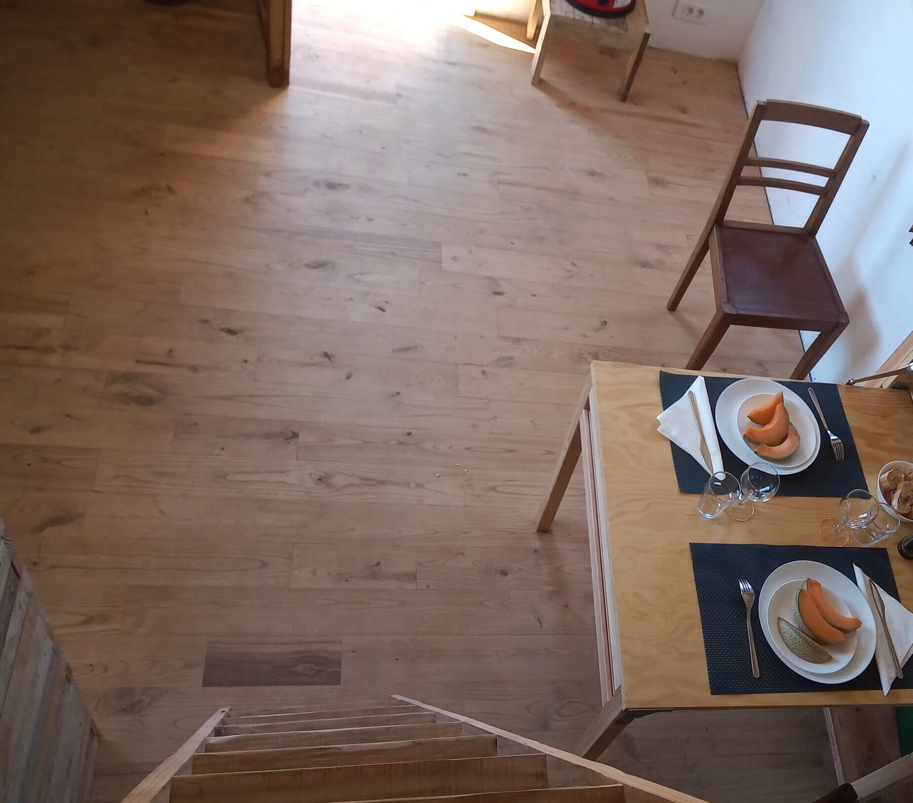 Pictured is the tiny house chestnut floor
